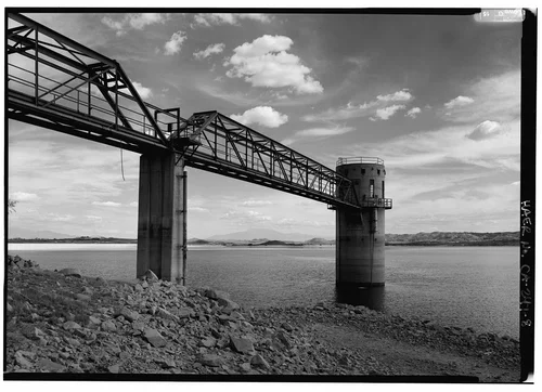  LAKE OUTLET TOWER AND BRIDGE, LOOKING EAST. - Lake Mathews, East of Route 15, Riverside, Riverside County, CA