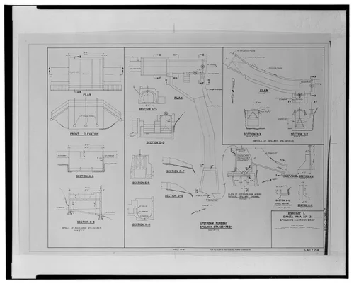  SPILLWAYS AND ROCK-DROP, SANTA ANA NO. 3, EXHIBIT L, JAN. 25, 1956. SCE drawing no. 541724 (sheet 5; for filing with Federal Power Commission). - Santa Ana River Hydroelectric System, SAR-3 Forebay & Penstock, Redlands, San Bernardino County, CA