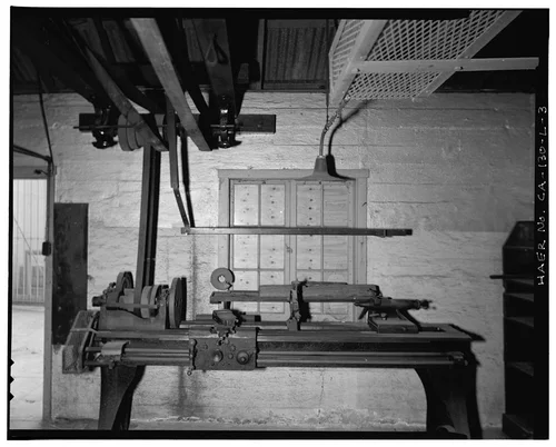  BELT-DRIVEN LATHE. VIEW TO SOUTHWEST. - Santa Ana River Hydroelectric System, SAR-1 Machine Shop, Redlands, San Bernardino County, CA