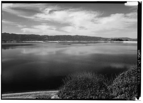  LAKE MATHEWS FROM THE GROUND LOOKING SOUTHWEST ACROSS AT OUTLET TOWER AT RIGHT AND DAM NEAR CENTER. - Lake Mathews, East of Route 15, Riverside, Riverside County, CA