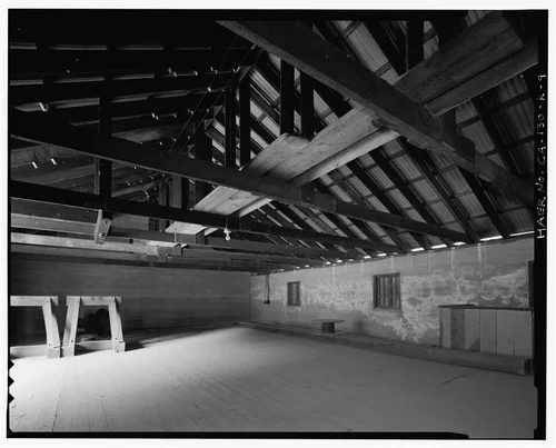  UPPER FLOOR, WITH ROOF TRUSSES, LOOKING WEST. - Santa Ana River Hydroelectric System, SAR-1 Stable, Redlands, San Bernardino County, CA