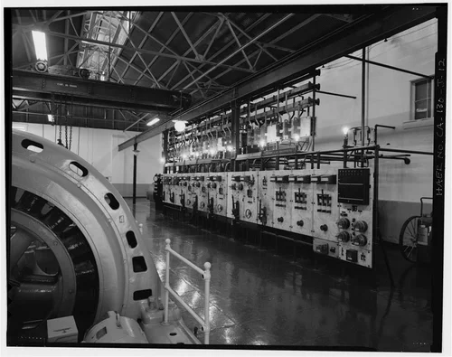  HISTORIC CONTROL PANEL, ALSO SHOWING CRANE TRACK. VIEW TO SOUTH. - Santa Ana River Hydroelectric System, SAR-1 Powerhouse, Redlands, San Bernardino County, CA