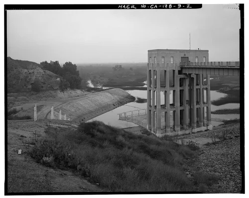  PERSPECTIVE VIEW, WEST AND SOUTH SIDES, CONTROL TOWER AND CONTROL HOUSE, LOOKING TO NORTHEAST. - Prado Dam, Outlet Works, Santa Ana River near junction of State Highways 71 & 91, Corona, Riverside County, CA