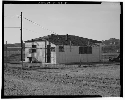  GARAGE AT EAST END OF EMBANKMENT, NORTH AND EAST SIDES. - Prado Dam, Service Vehicle Garage, Santa Ana River near junction of State Highways 71 & 91, Corona, Riverside County, CA