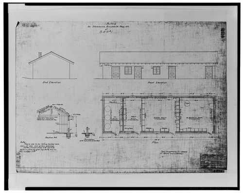  PLAN, ELEVATIONS, AND SECTIONS OF STOREHOUSE-SHOP BUILDING: BUILDING FOR STOREHOUSE, BLACKSMITH SHOP, ETC., OF S.A.R. NO. 1,  MAY 29, 1912. SCE drawing no. 4739. - Santa Ana River Hydroelectric System, SAR-1 Machine Shop, Redlands, San Bernardino County, CA