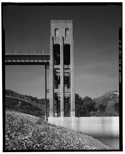  EAST SIDE, CONTROL TOWER AND CONTROL HOUSE. - Prado Dam, Outlet Works, Santa Ana River near junction of State Highways 71 & 91, Corona, Riverside County, CA