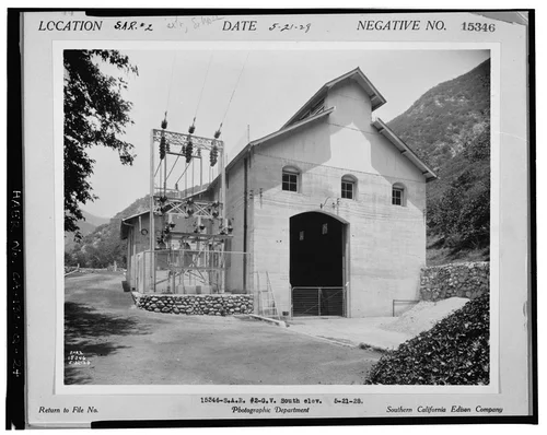  SOUTH ELEVATION.  SCE negative no. 15346, May 21, 1928.  Photograph by G. Haven Bishop. - Santa Ana River Hydroelectric System, SAR-2 Powerhouse, Redlands, San Bernardino County, CA