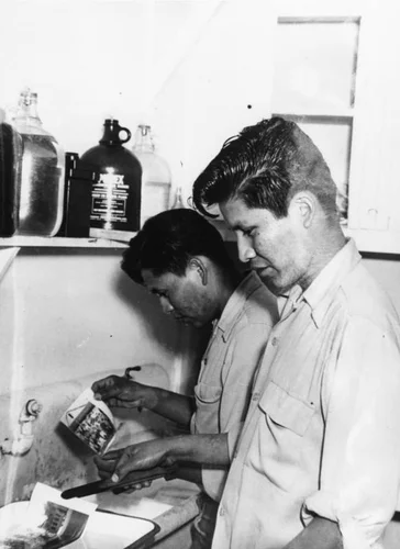 Navajo student photographers in darkroom