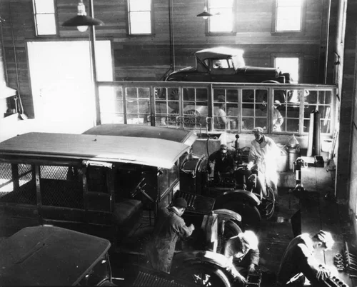 Sherman Indian High School students in auto mechanics shop