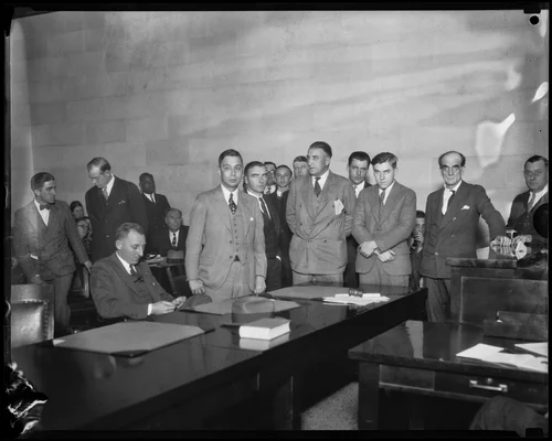 Courtroom scene during Gordon Stewart Northcott's murder trial, Riverside, 1929