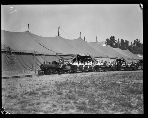 Children riding a miniature train at the Southern California Fair, Riverside, 1929