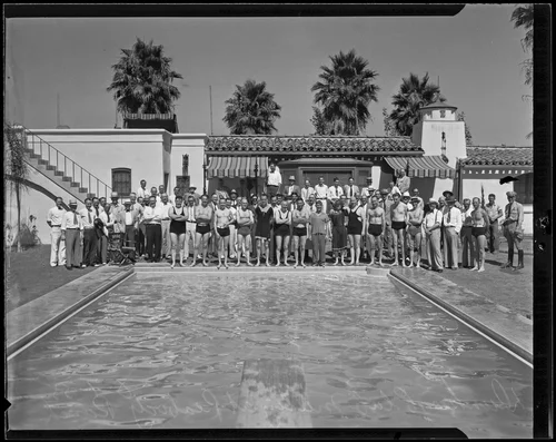 Poolside meeting of the Dunkers Club at the ranch of Eddie Peabody, Riverside, 1935