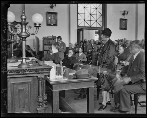 Gordon Stewart Northcott and mother Sara Louisa Northcott in court, Riverside, circa 1928