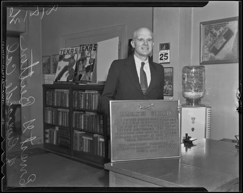Ernest Gilman Button with the memorial plaque for Peyton C. March, Jr., Riverside, 1936