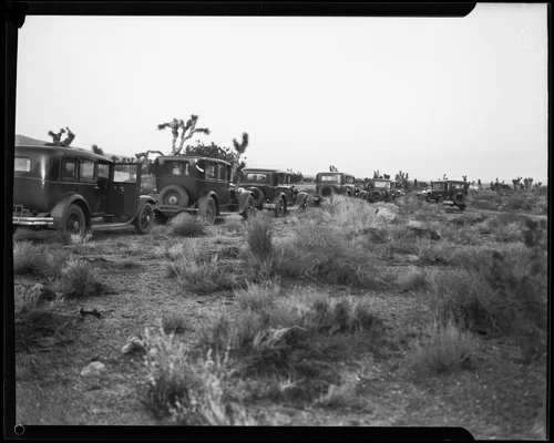 Automobiles in the Mojave Desert during a search for murder victim remains during the Gordon Stewart Northcott case, Riverside County, 1928-1929