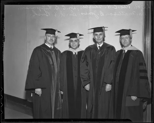 Dr. Clarence Thurber, Dr. Charles B. Lipman, Dr. Mattison B. Jones, and Dr. R. H. Rush at University of Redlands celebration, Redlands, 1936