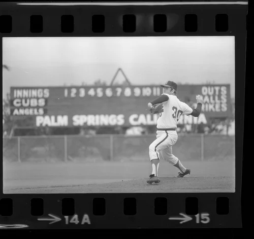 Nolan Ryan, pitching in spring training game in Palm Springs, Calif., 1973
