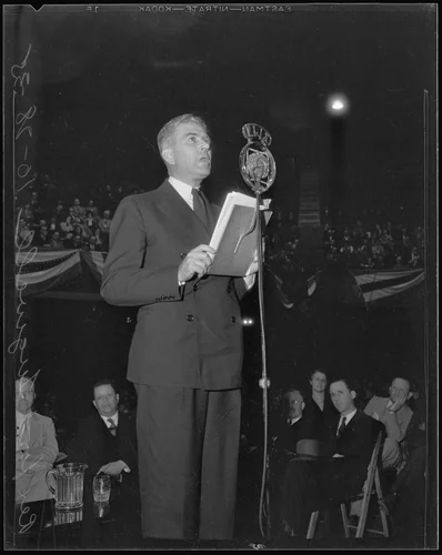 Rexford Guy Tugwell, U.S. Undersecretary of Agriculture, speaks at Olympic Auditorium, 1935