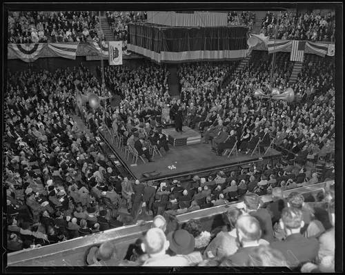 Rexford Guy Tugwell, U.S. Undersecretary of Agriculture, speaks at Olympic Auditorium, 1935
