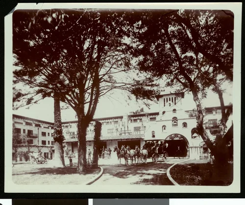 Frank Miller's Glenwood Mission Inn in Riverside, showing a horse-drawn carriage, ca.1910