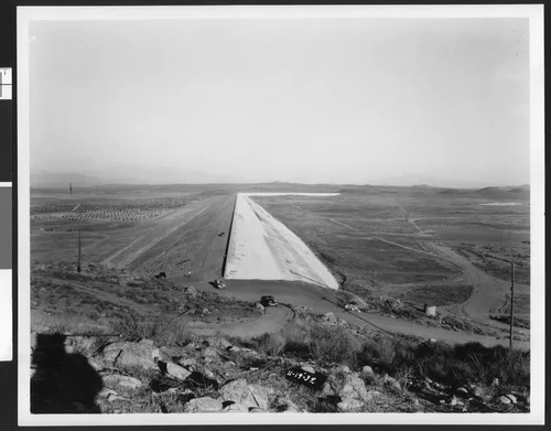 View looking southeast on top of the main levee on the north side of Cajalco Reservoir, November 19, 1939