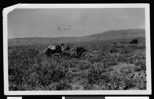 View of an early automobile in the desert near Mecca, ca.1920