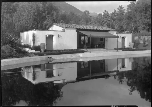 Exterior view of the pool house at the Arrowhead Springs Hotel resort, ca.1925-1930