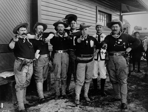 Portrait of seven veterans of the Spanish-American War known as "The Tough Bunch" or "The Bad Gang" of "Teddy's Terrors", 1904