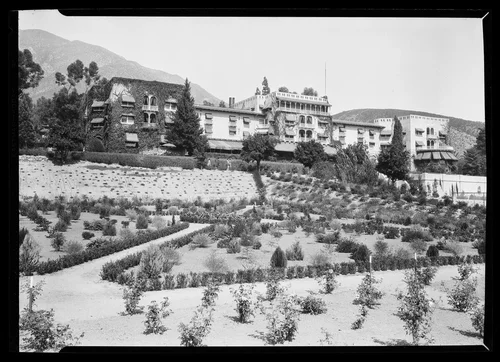 Exterior of the Arrowhead Springs Hotel near Lake Arrowhead Reservoir, October 3, 1926