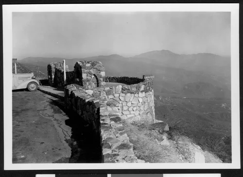 Mount Baldy, showing overlook on highway to Lake Arrowhead, California, ca.1950