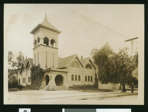 Exterior view of the Redlands Baptist Church, ca. 1900