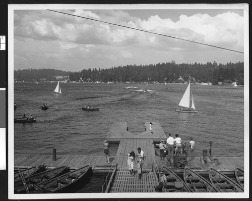 People boating at Lake Arrowhead, ca.1950