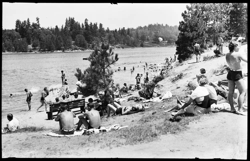 View of bathers on the shore of Lake Arrowhead