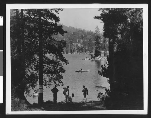 Three men looking at Lake Arrowhead, ca.1950