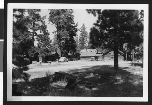 Exterior view of cabins at Lake Arrowhead, ca.1950