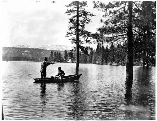 Two men fishing on Big Bear Lake, California, ca.1930