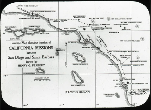 Map Showing Location of California Missions Between San Diego and Santa Barbara