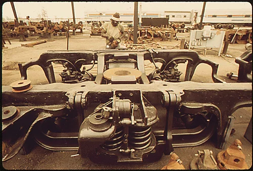 OLD PASSENGER CAR EQUIPMENT IS RENOVATED AT A PLANT IN MIRA LOMA, CALIFORNIA, NEAR RIVERSIDE, ONE OF SEVERAL PLACES IN THE UNITED STATES WHERE AMTRAK REMODELS ITS ACQUISITIONS FROM THE RAILROADS CARS ARE GIVEN NEW PAINT INSIDE AND OUT, CARPETING AND RECONDITIONING OF INTERIORS