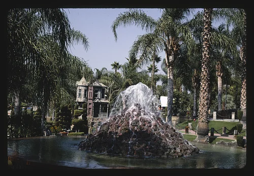 Fountain and haunted house, Castle Amusement Park mini golf, Polk Street, Riverside, California